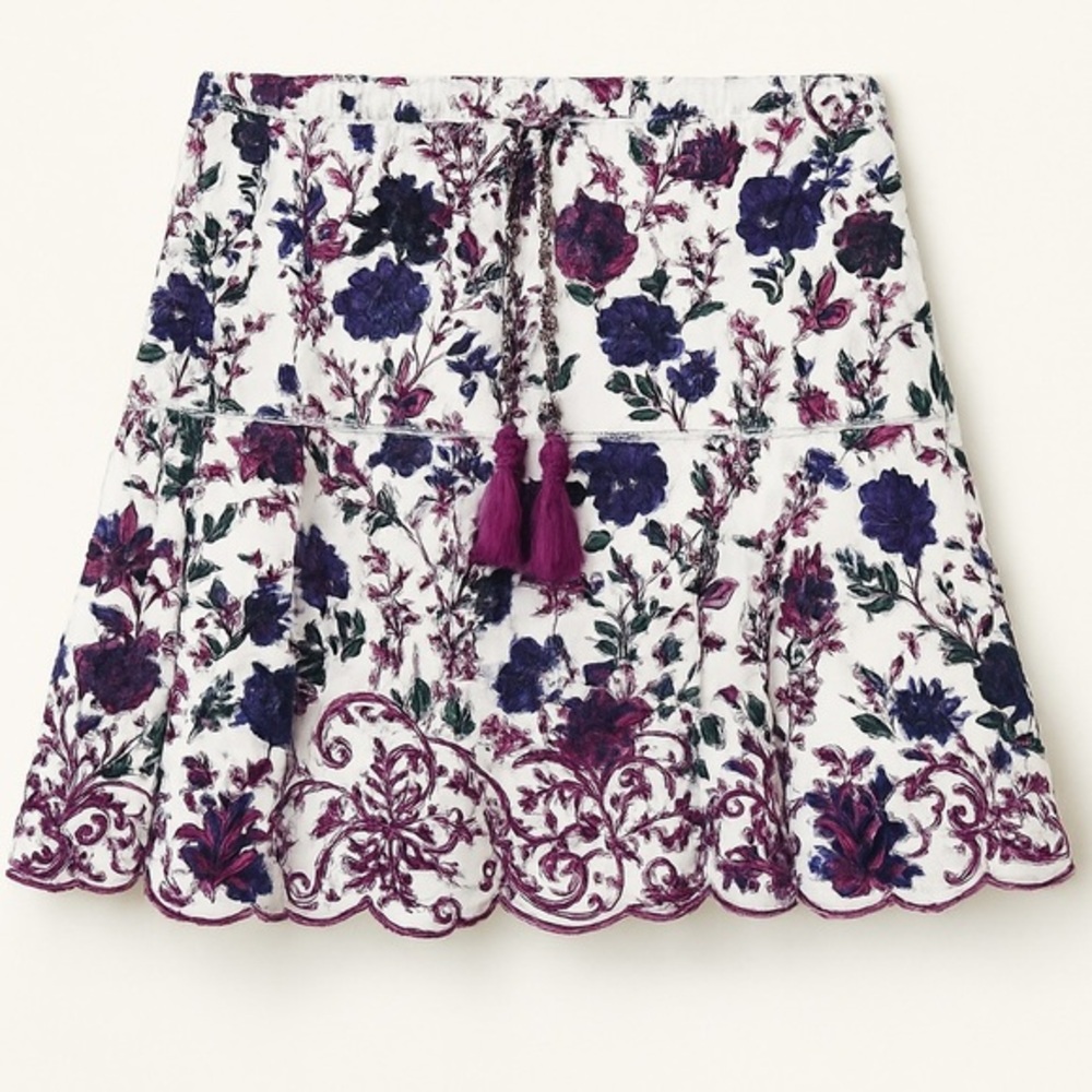 RAGA Purple Rose Floral Boho Embroidered Drawstring Tassel Skirt NWT S #2417